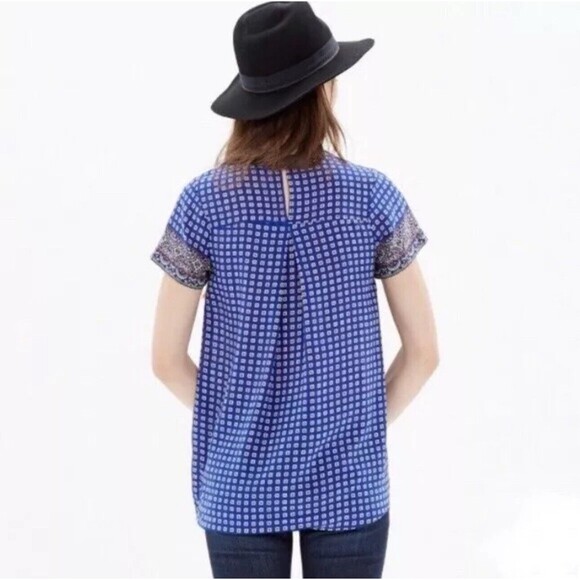 Madewell Size XS 100% Silk Top Blue Geometric Paisley Short Sleeve Blouse - Picture 2 of 5